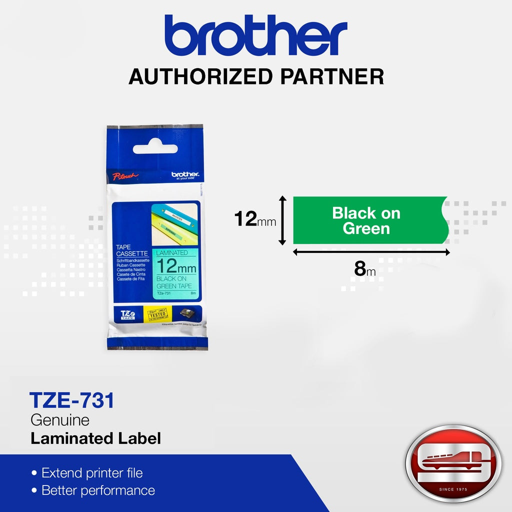 Brother TZe-731 Labelling Tape β Black on Green, 12mm wide Standard Laminated