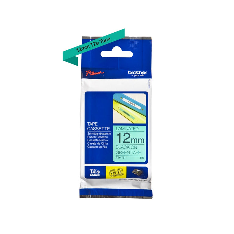 Brother TZe-731 Labelling Tape – Black on Green, 12mm wide Standard Laminated 100% Original