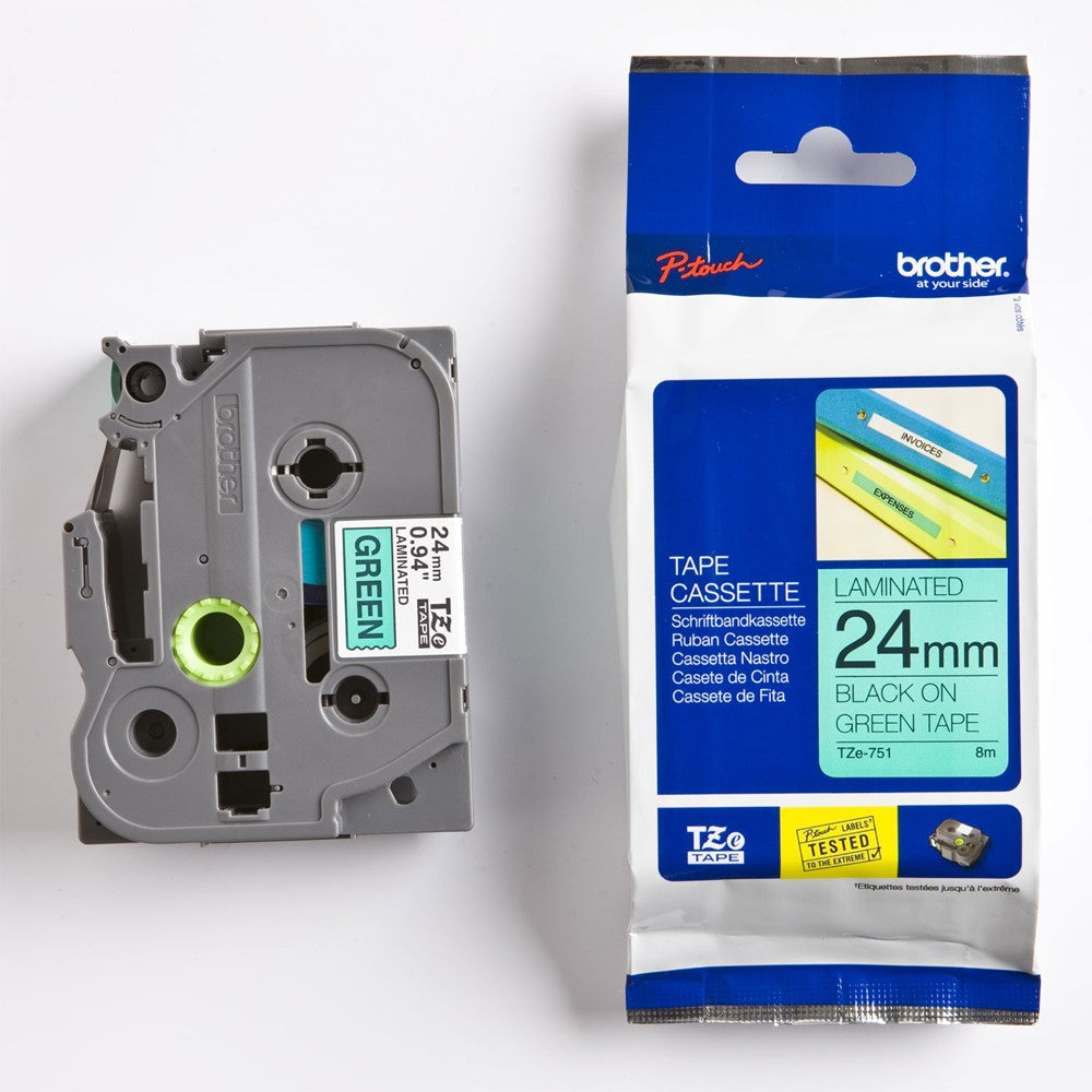 Brother TZe-751 Black on Green 24mm Labelling Tape 100% Original