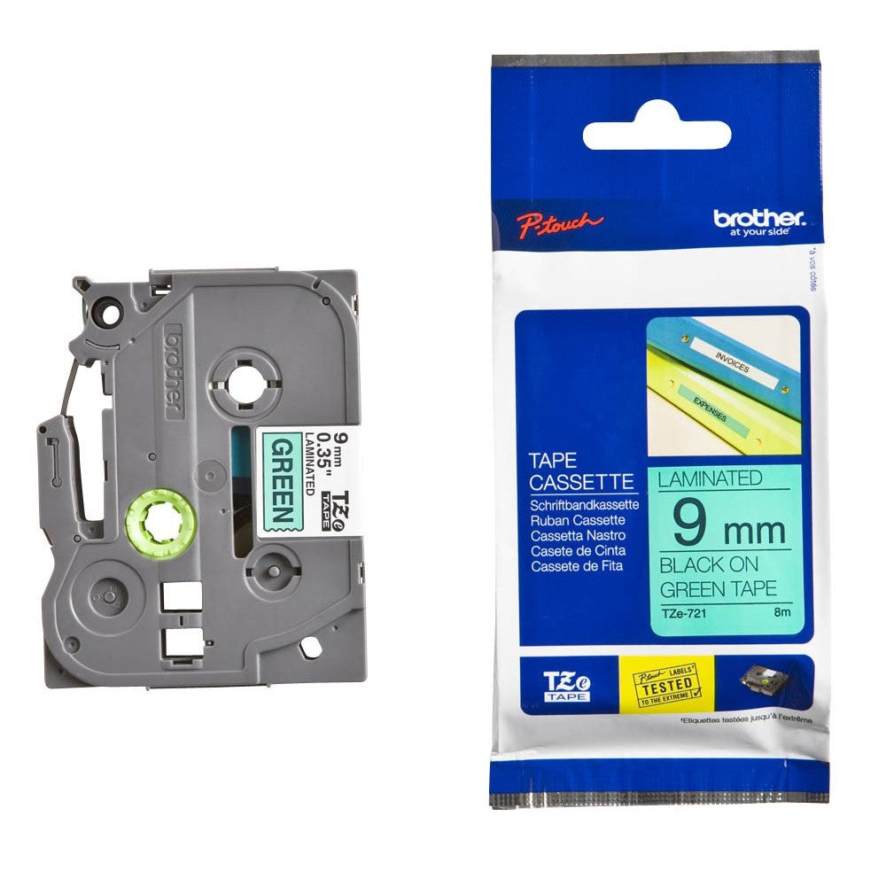 Brother TZe-721 Black on Green 9mm Labelling Tape 100% Original