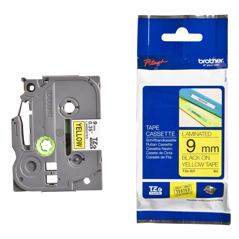 Brother TZe-621 Black on Yellow 9mm Labelling Tape 100% Original