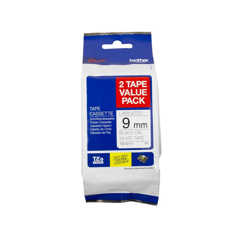 Brother Genuine Laminated Label TZE-221V2 9mm (0.35") Black on white Tape for P-Touch 8m (26.2 ft)