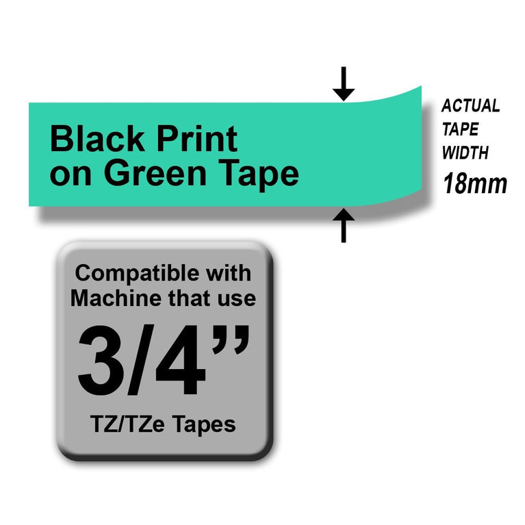 Brother TZe-741 Black on Green 18mm Labelling Tape 100% Original