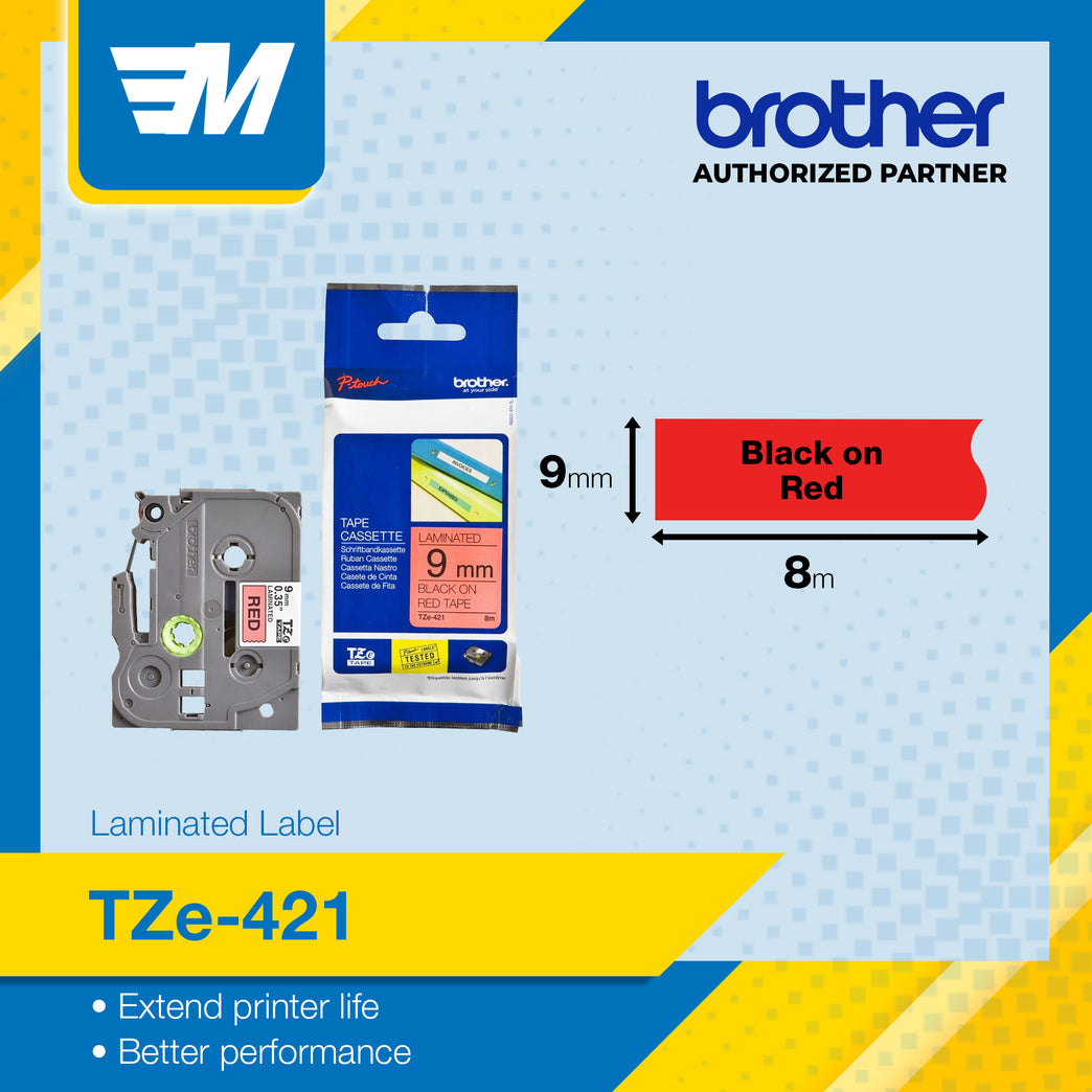 Brother TZe-421 Black on Red 9mm Labelling Tape 100% Original