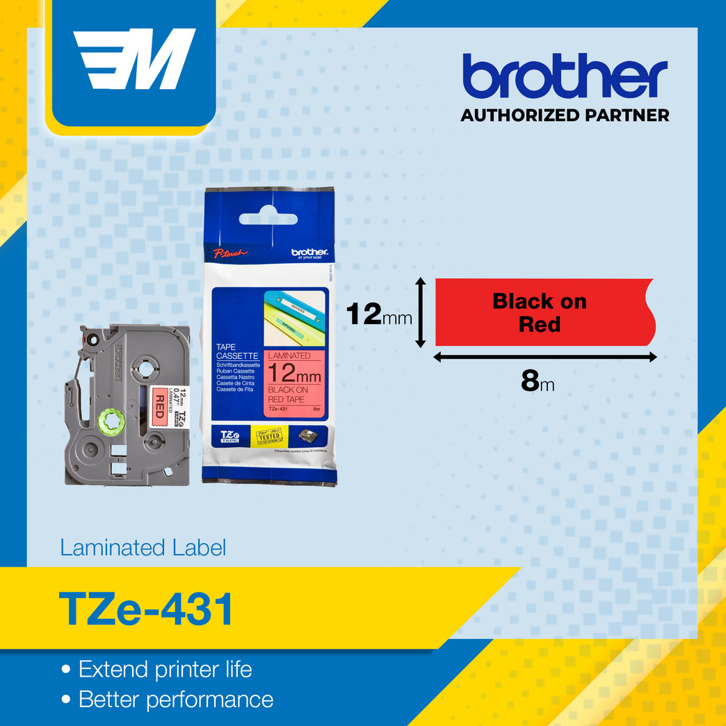 Brother TZe-431 Black on Red 12mm Labelling Tape 100% Original