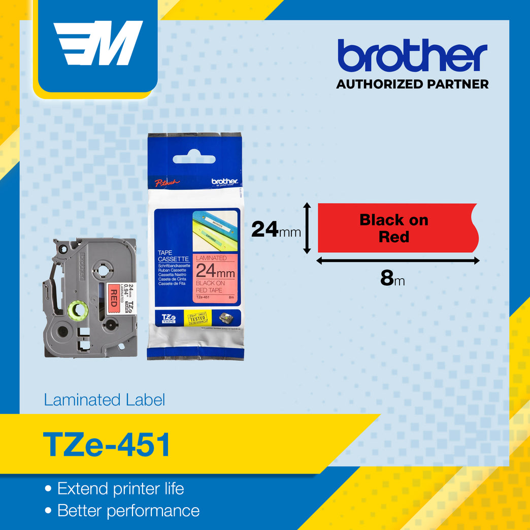 Brother TZe-451 Black on Red 24mm Labelling Tape 100% Original