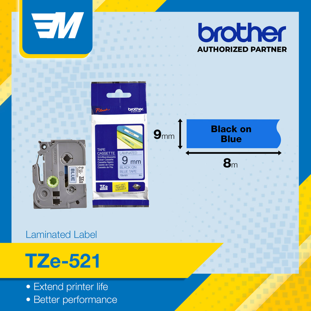 Brother TZe-521 Black on Blue 9mm Labelling Tape 100% Original