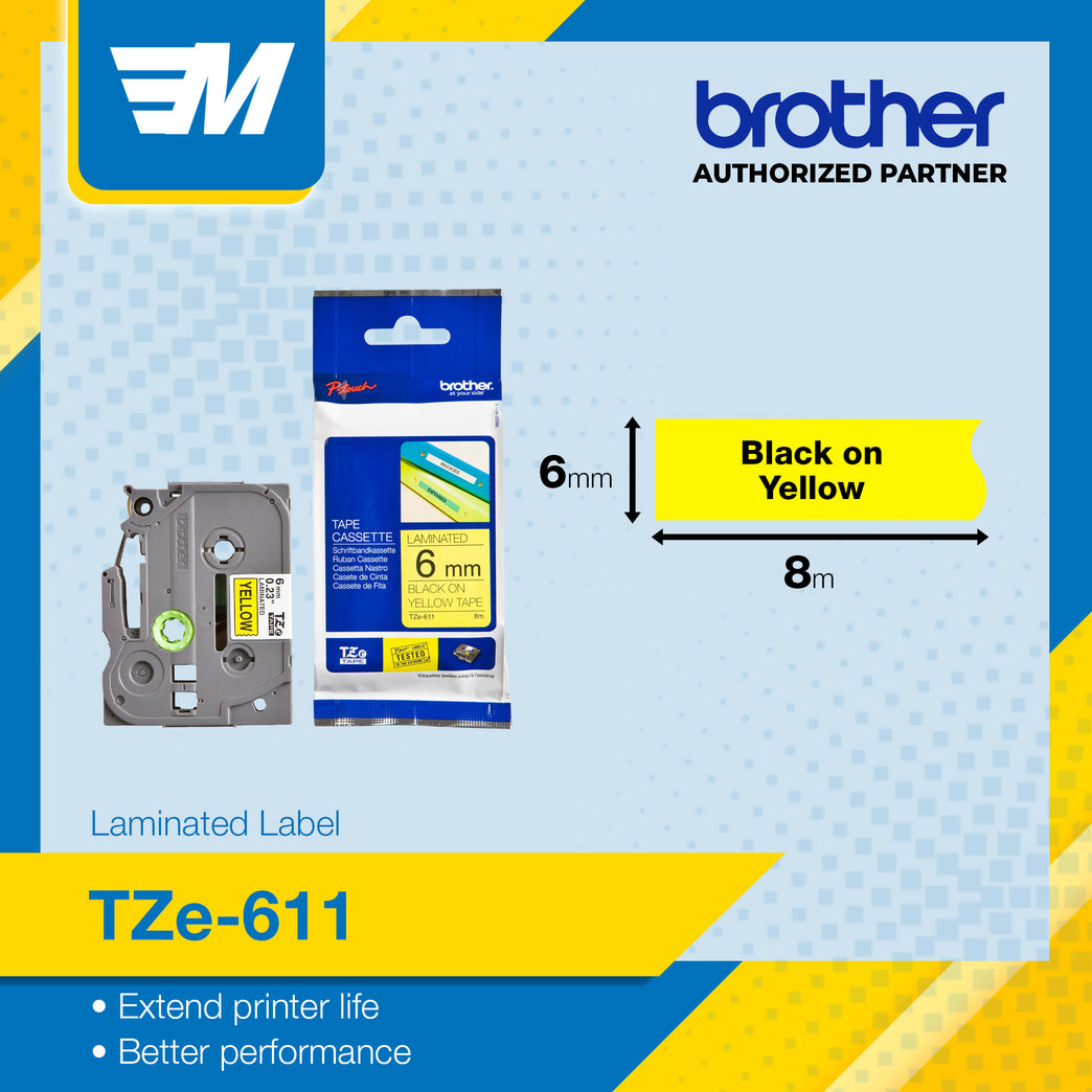 Brother TZe-611 Black on Yellow 6mm Labelling Tape 100% Original