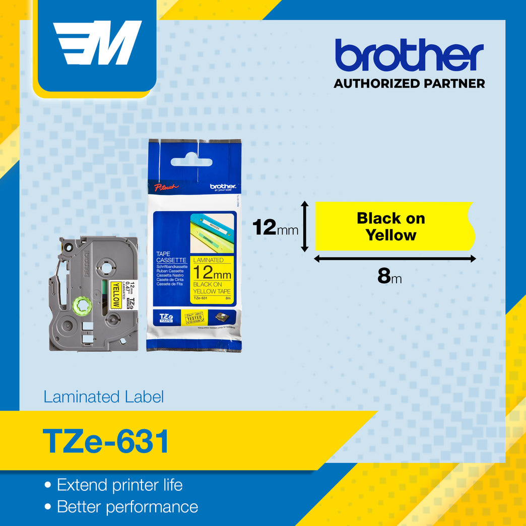 Brother TZE-631 Black on Yellow P-Touch Laminated Tape 12mm 100% Original