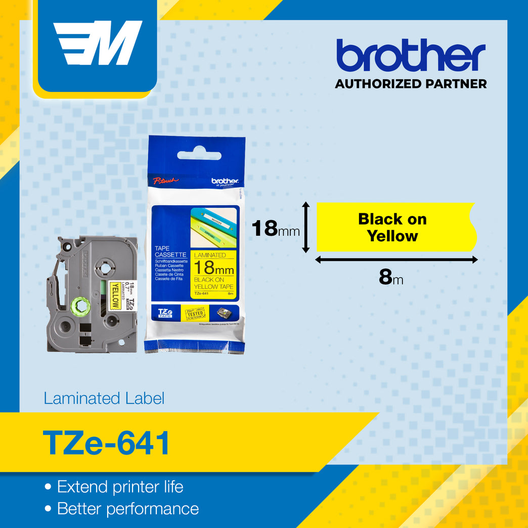 Brother TZe-641 Black on Yellow 18mm Labelling Tape 100% Original