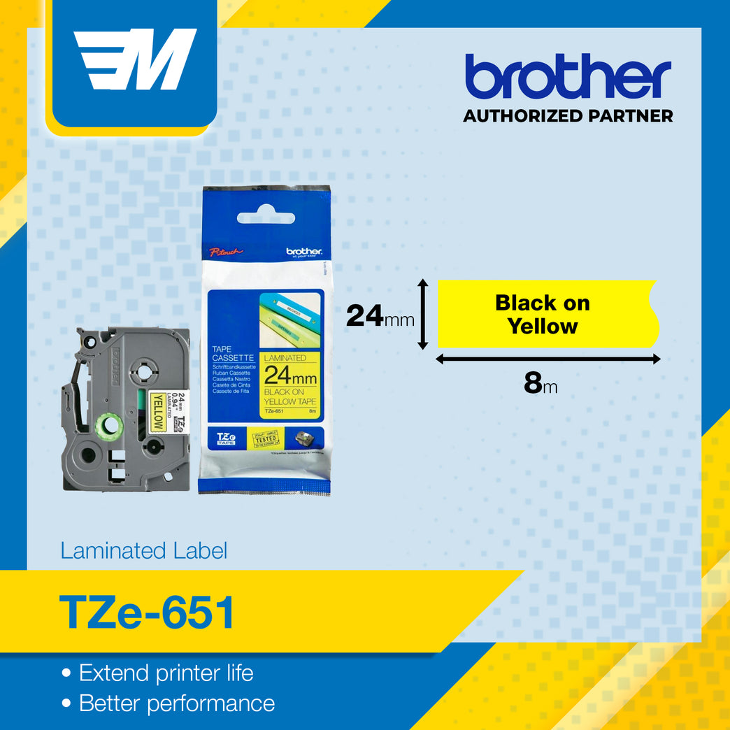 Brother TZe-651 Black on Yellow 24mm Labelling Tape 100% Original