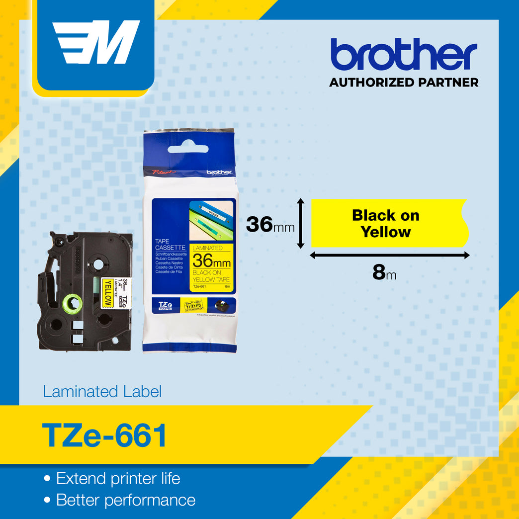 Brother TZE-661 Black on Yellow 36mm Labelling Tape 100% Original