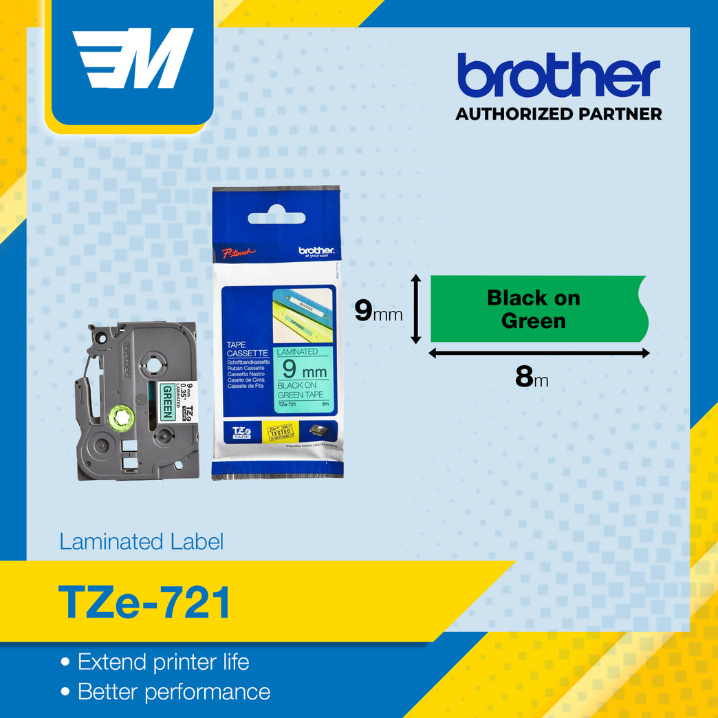 Brother TZe-721 Black on Green 9mm Labelling Tape 100% Original