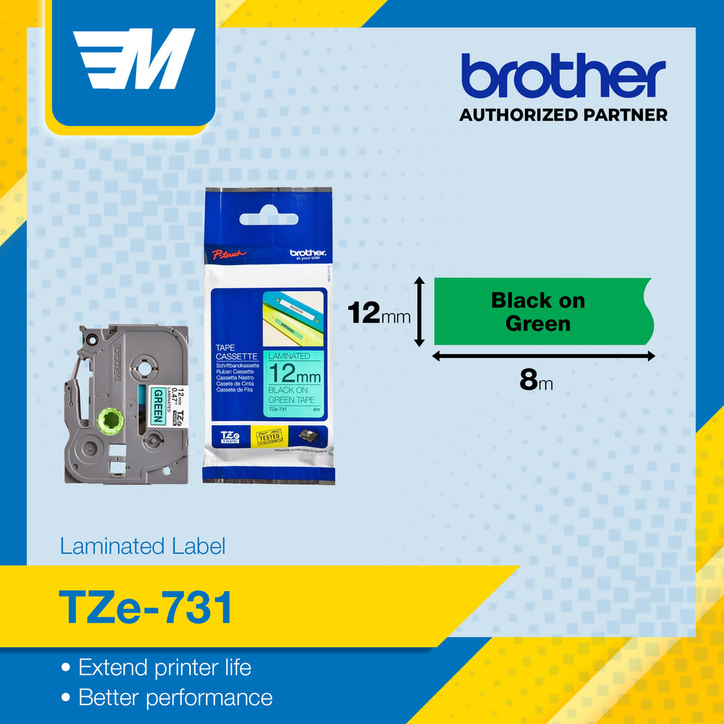 Brother TZe-731 Labelling Tape – Black on Green, 12mm wide Standard Laminated 100% Original