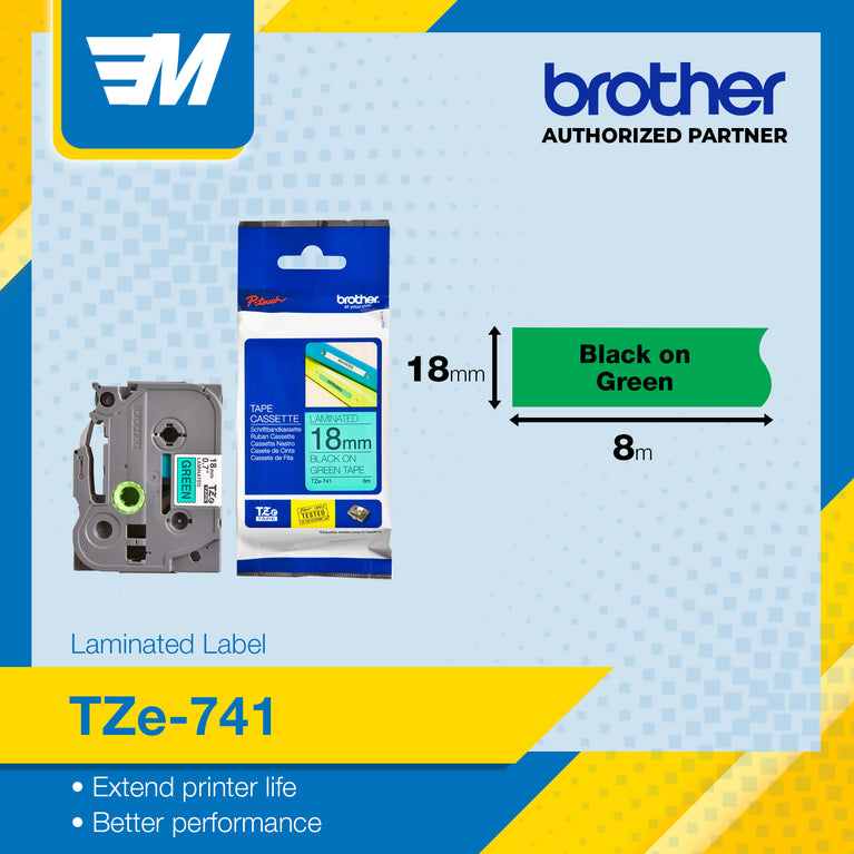 Brother TZe-741 Black on Green 18mm Labelling Tape 100% Original