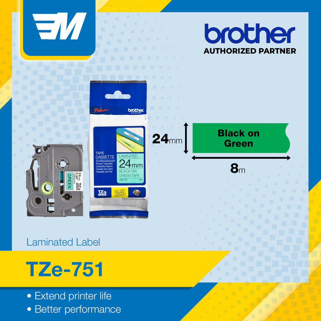 Brother TZe-751 Black on Green 24mm Labelling Tape 100% Original