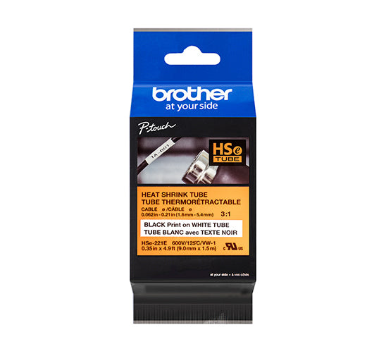 Brother HSe-221E Black on White 9mm Heat Shrink Tube Tape Cassette (100% Genuine)