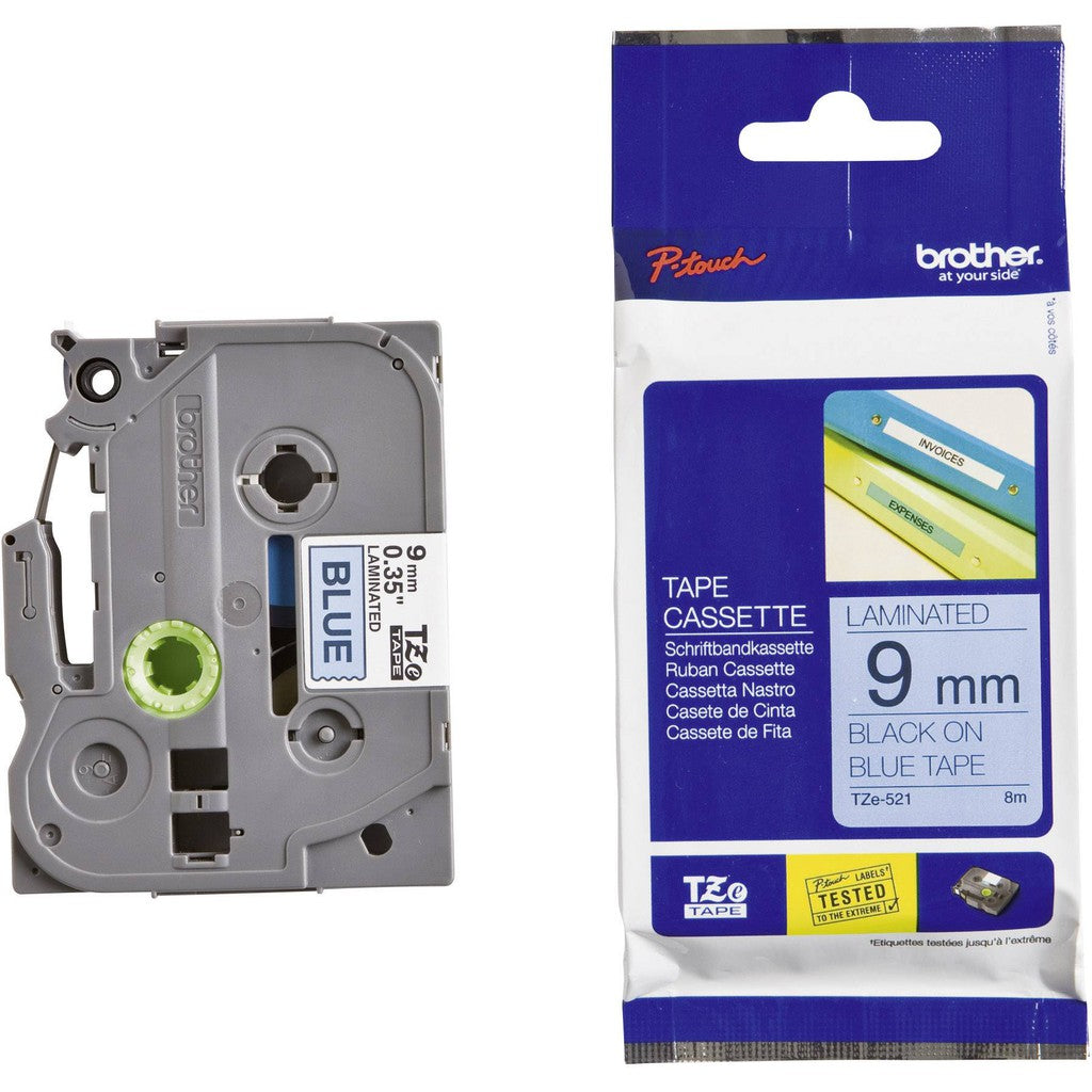 Brother TZe-521 Black on Blue 9mm Labelling Tape 100% Original