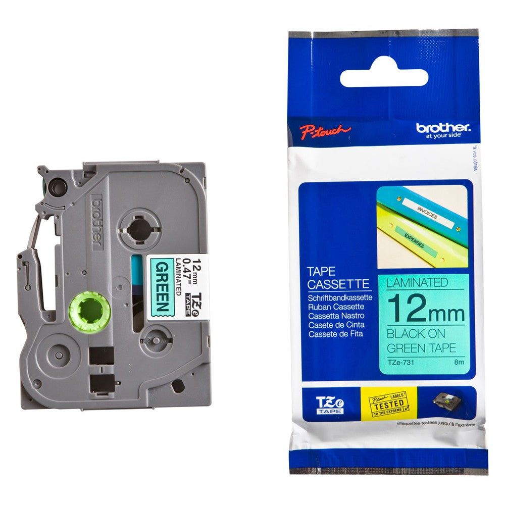 Brother TZe-731 Labelling Tape – Black on Green, 12mm wide Standard Laminated 100% Original