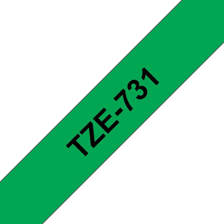 Brother TZe-731 Labelling Tape – Black on Green, 12mm wide Standard Laminated 100% Original