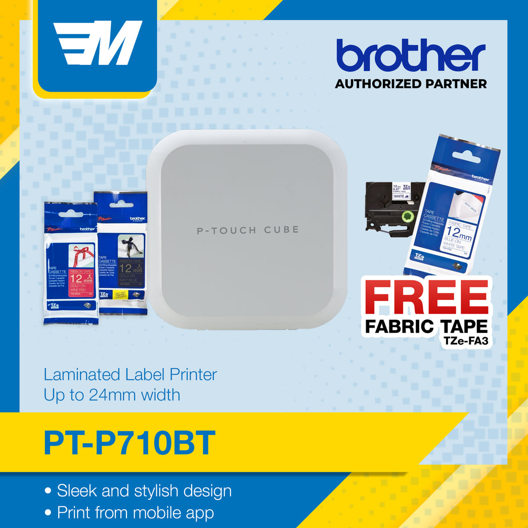Brother P-Touch CUBE Label Printer PT-P710BT + TZE-RN34 + TZE-RW34 Free Brother P touch Fabric Tape