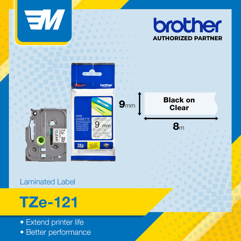 Brother TZe-121 Black on Clear 9mm Labelling Tape 100% Original