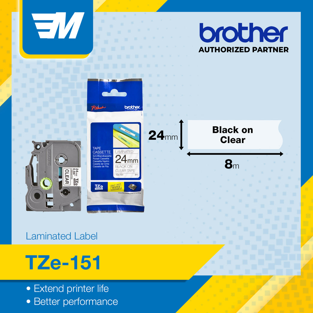 Brother TZE-151 Black on Clear 24mm Labelling Tape 100% Original