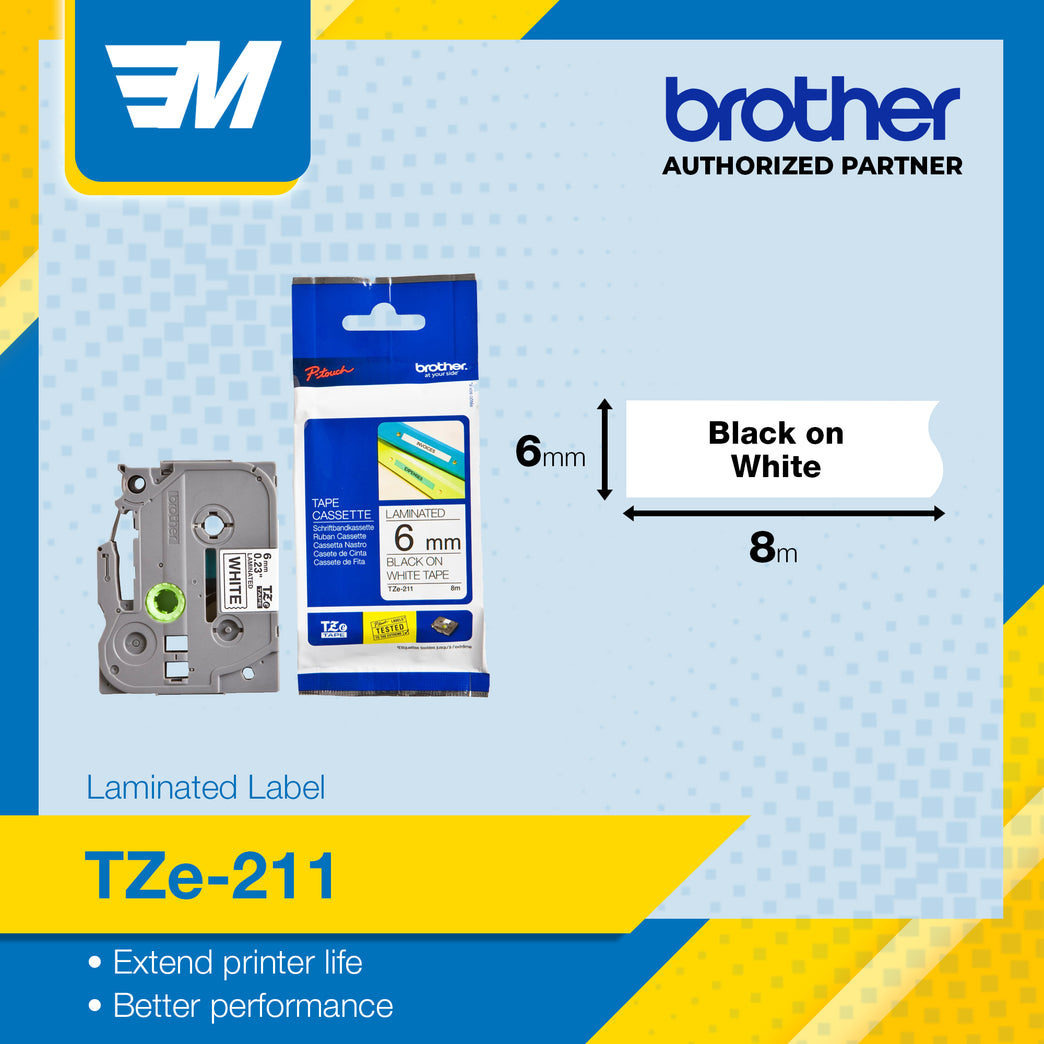 Brother TZe-211 Black on White 6mm Labelling Tape Original