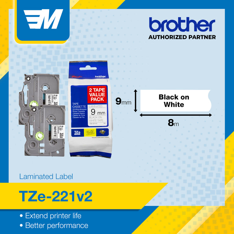 Brother Genuine Laminated Label TZE-221V2 9mm (0.35") Black on white Tape for P-Touch 8m (26.2 ft)