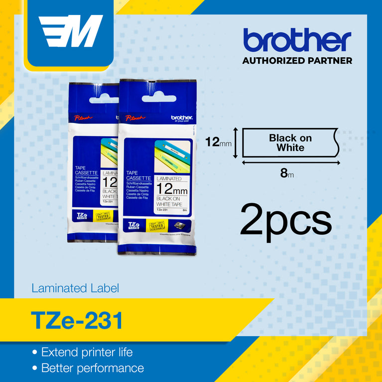 Brother TZe-231 V2 "2sets" Black on White Tape for P-Touch