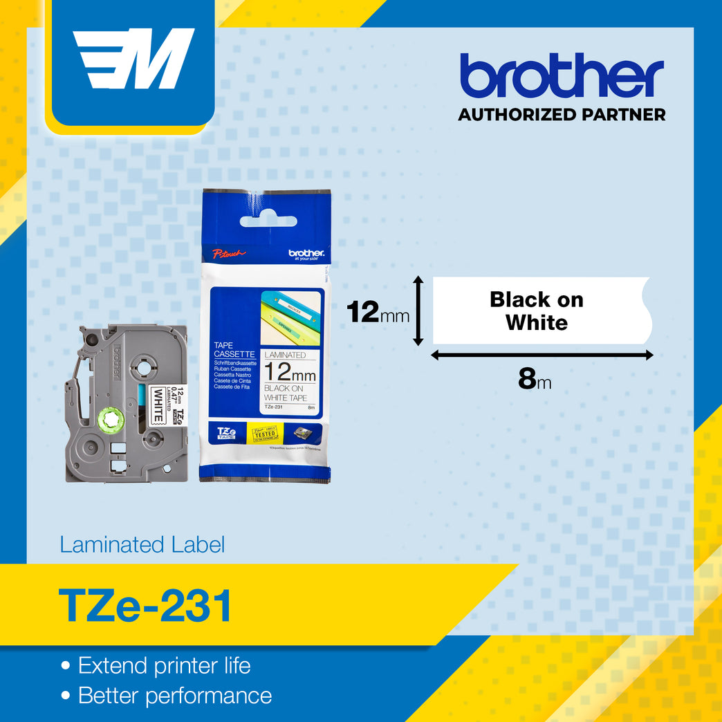 Brother TZe-231 Black on White 12mm Labelling Tape 100% Original