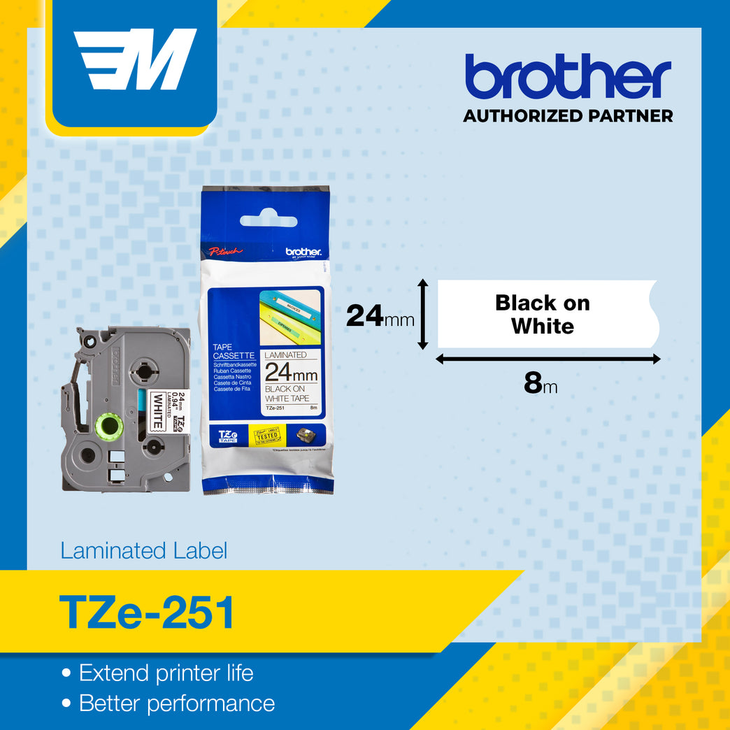 Brother TZe-251 Black on White 24mm Labelling Tape 100% Original