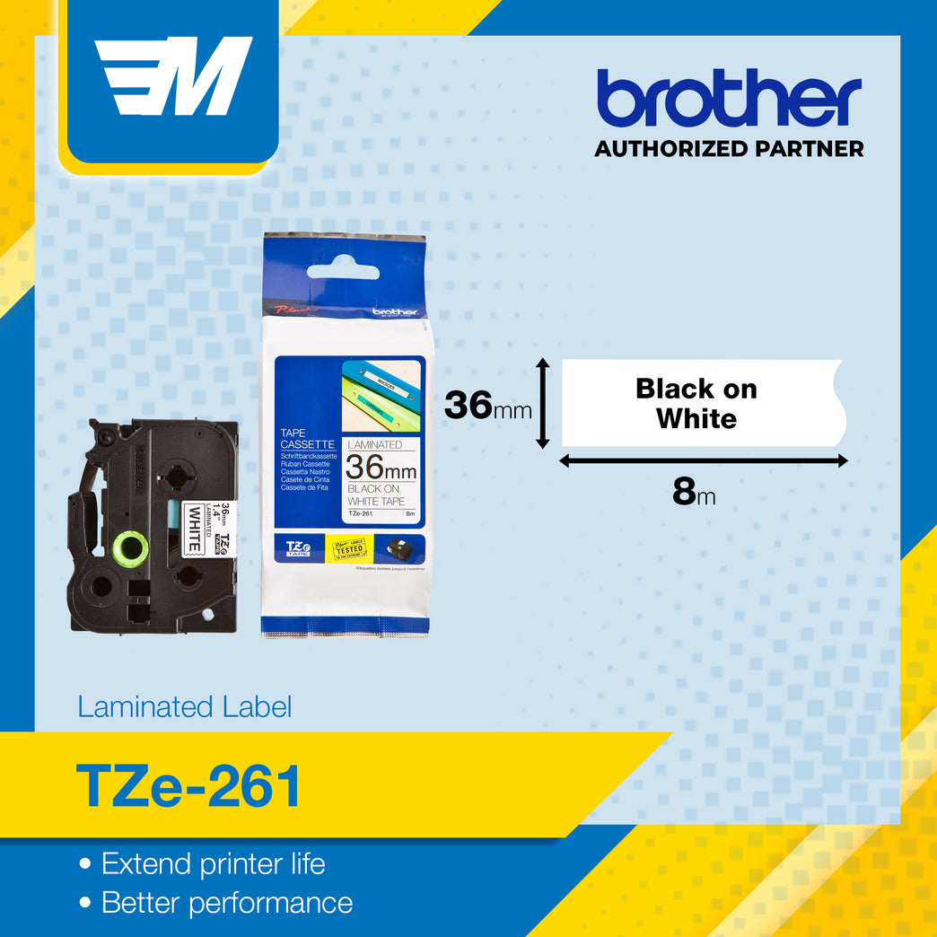 Brother TZE-261 in Black on White Tape for P-touch Printer