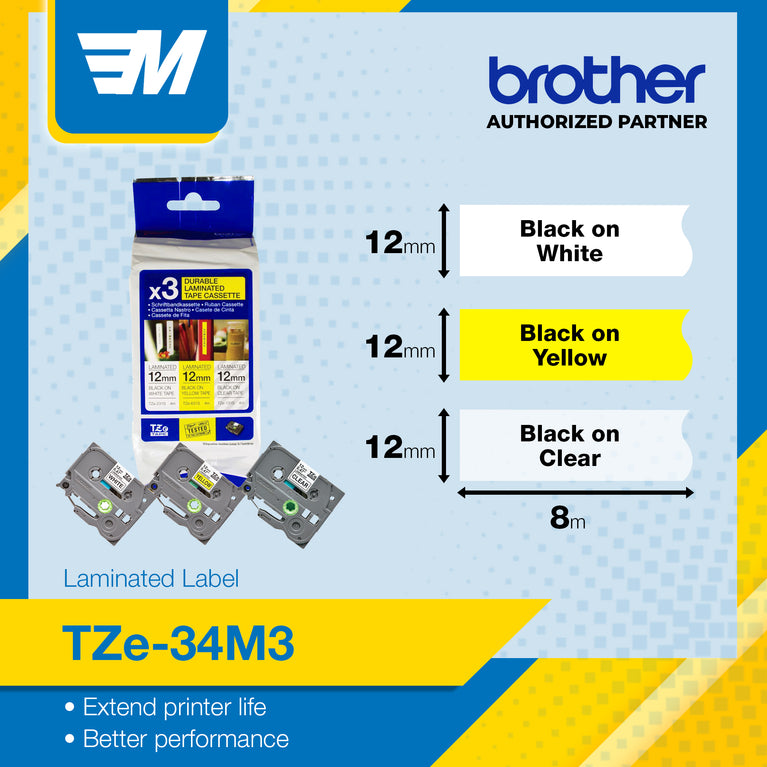 Brother TZe-34M3 Laminated Tape 12mm x 4m 3 Colors