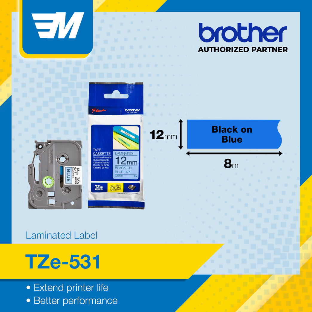 Brother TZe-531 Black on Blue 12mm Labelling Tape 100% Original