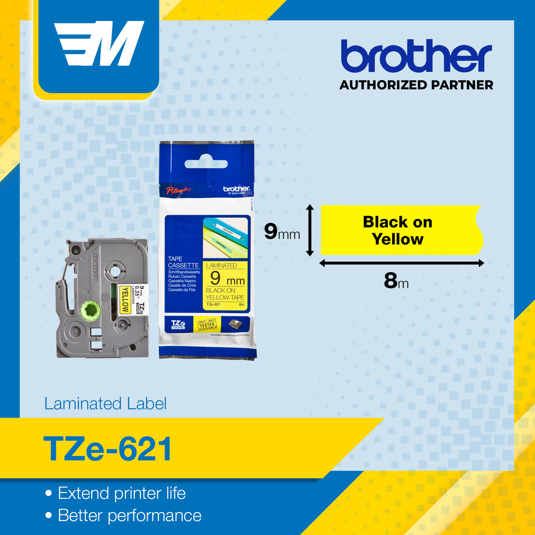 Brother TZe-621 Black on Yellow 9mm Labelling Tape 100% Original