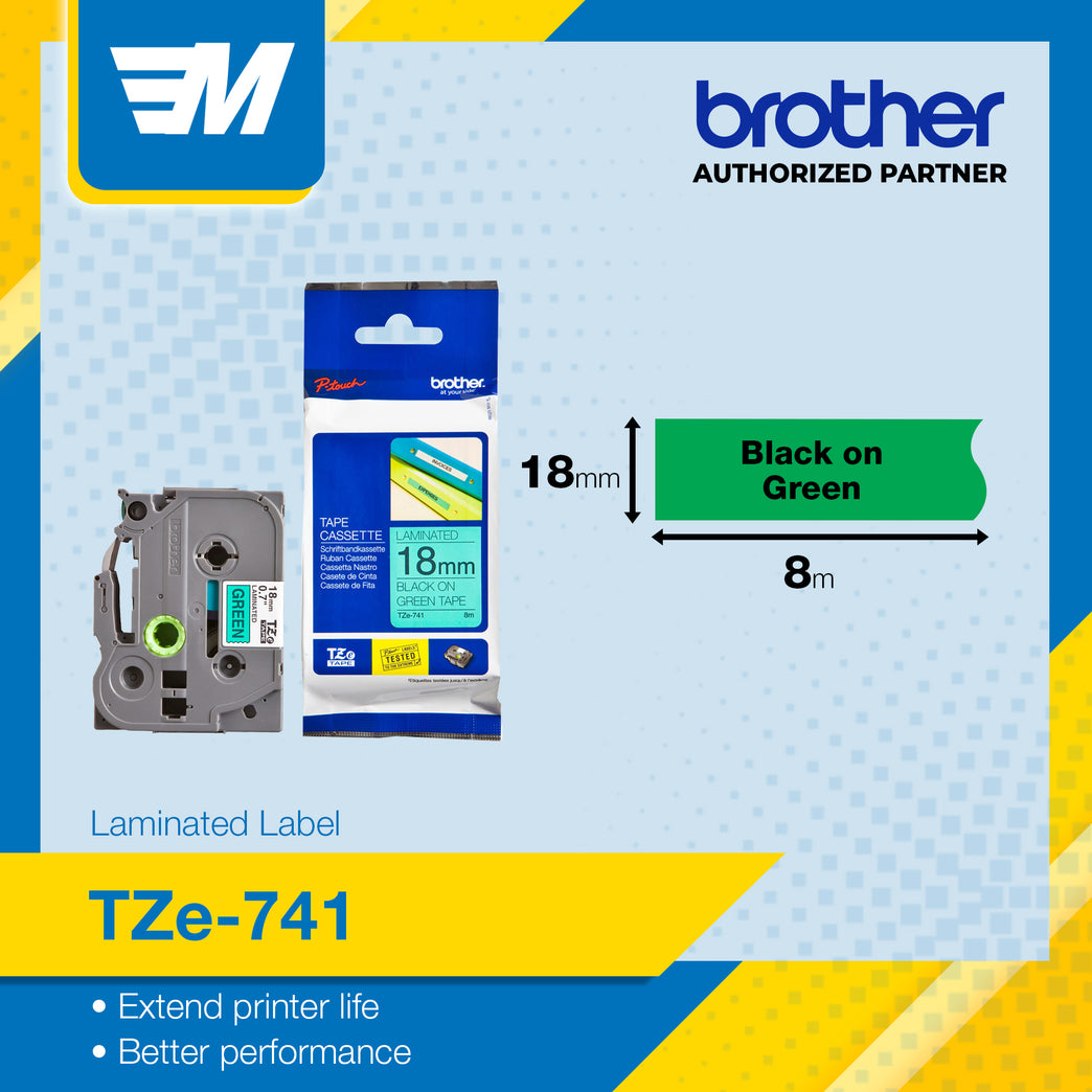 Brother TZe-741 Black on Green 18mm Labelling Tape 100% Original